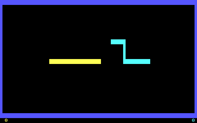 yellow and blue lines twist across a textmode screen