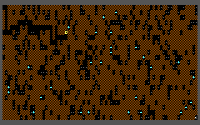 A cave full of dirt, boulders, and diamonds, as represented by textmode graphical characters.
