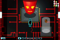 A screenshot of a videogame: a room of circuitry, with a stylized red head in the center.